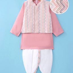 Babyhug Woven Full Sleeves Kurta Dhoti Set With Embroidered Jacket - Pink-image-40