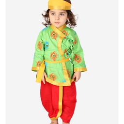 KID1 Janmashtami Theme Full Sleeves Mor Pankh Printed Krishna Costume Set - Green-image-37