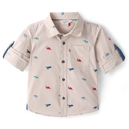 INFINITY Peach Poplin Cotton Full Sleeves Dinosaur Printed Shirt - Beige-image-5