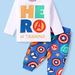 Babyhug Marvel Single Jersey Knit Full Sleeves Night Suit With Avengers Graphics - White & Blue-image-58