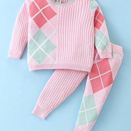 ToffyHouse Knitted Cotton Full Sleeves Sweater Set With Argyle Design - Baby Pink-image-9