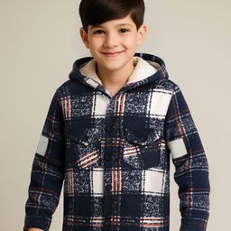 Pine Kids Woven Full Sleeves Checkered Hooded Winter Jacket - Navy Blue-picture-8