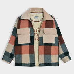 Mi Arcus 100% Cotton Full Sleeves Checked Jacket With Little Explorer Text Printed Tee Set - Multi Colour-image-51