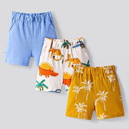 Bonfino 100% Cotton Knit Above Knee Length Shorts With Animals & Tree Print Pack of 3 - Yellow White & Blue-image-95