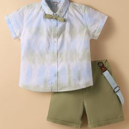 ToffyHouse 100% Cotton Half Sleeves Tie & Dye Printed Shirt & Short Set With Suspender & Bow - White & Olive Green-image-62