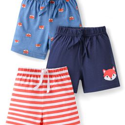 Babyhug Cotton Knit Mid Thigh Shorts with Fox Print & Stripes Pack of 3 - Red Light & Navy Blue-image-69