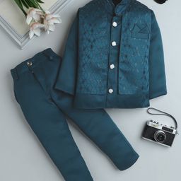 Fourfolds Full Sleeves Abstract Embroidered Sequins Embellished Indo Blazer & Trousers Set - Turquoise-image-88