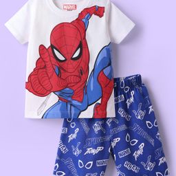 Babyhug Marvel Single Jersey Knit Half Sleeves Shorts Night Suit With Spider-Man Graphic - White & Blue-image-80