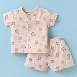 CUCUMBER Interlock Knit Half Sleeves Shorts Night Suit With Lion Print - Peach-image-11