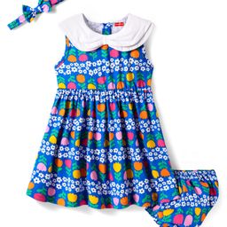 Babyhug Cotton Woven Sleeveless Floral Printed Frock With Bloomer & Headband - Blue-image-47
