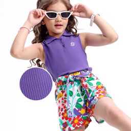 OLLINGTON ST. Cotton Rib Sleeveless Top & Floral Printed Shorts Set with Fabric Belt - Purple & Multicolor-image-52