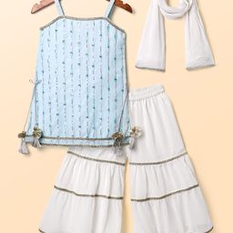 Babyhug Woven Sleeveless Kurti Palazzo Set with Dupatta Lace Detailing & Mirror Work - Light Blue & White-image-12