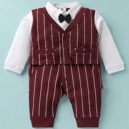 Mini Taurus Interlock Knit Full Sleeves Party Rompers With Stripes & Bow - Maroon-image-88