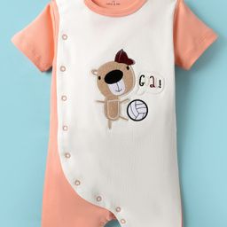 Mark & Mia Cotton Knit Half Sleeves Rompers with Animal Embroidery - Peach & White-image-9