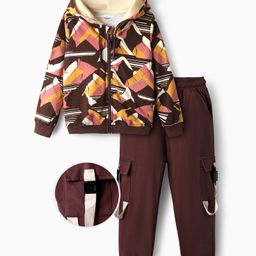 OLLINGTON ST. Cotton Abstract Printed Full Sleeves Zipper Hoodie & Knit Joggers Set - Multicolor & Brown-picture-2