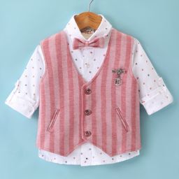 Dapper Dudes Full Sleeves Abstract Printed Shirt With Striped Waistcoat & Bow - Peach-image-91