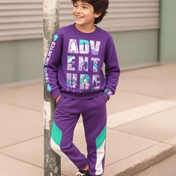 Ollington St. Cotton Knit Full Sleeves Printed Sweatshirts & Knit Joggers Set - Purple-picture-35