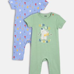 MINI KLUB Cotton Knit Pack Of 2 Half Sleeves Hippo & Caps Printed Rompers - Blue & Green-image-63