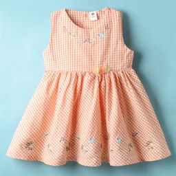 ToffyHouse Cotton Knit Sleeveless Floral Embroidered Checks Frock - Orange-picture-44