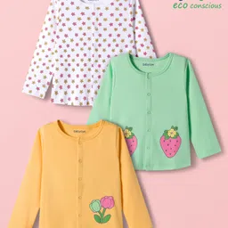 Babyoye 100% Cotton Interlock Knit with Eco Jiva Finish Full Sleeves Front Open Jhablas with Floral & Strawberry Print - White Light Green & Light Orange-picture-0