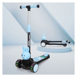 R for Rabbit Road Runner Bunny Kids Scooter 3 Level Adjustable Height Smart Fold & PU LED Wheels -Black & Blue image 2
