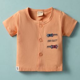 CUCUMBER Sinker Knit Half Sleeves Front Open Shorts Night Suit with Racing Theme Print - Peach image 2