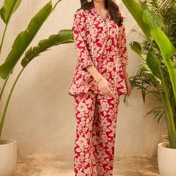 IMANA Floral Printed Pure Cotton V-Neck Top & Trouser Co-ords-image-11
