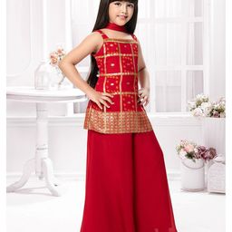 Tiny Kingdom Georgette Sleeveless Bandhani Printed Foil Checked Kurta Palazzo With Dupatta Set - Red image 4