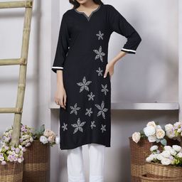 GRIOPY Floral Embroidered Notch Neck Thread Work Straight Kurta-picture-18