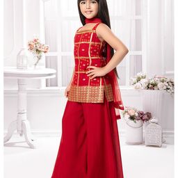 Tiny Kingdom Georgette Sleeveless Bandhani Printed Foil Checked Kurta Palazzo With Dupatta Set - Red image 5