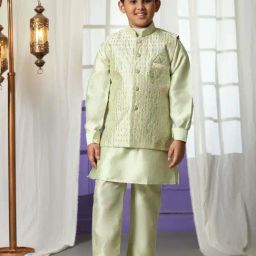 Pro-Ethic Style Developer Boys Green Sequence Full Sleeves Self Design Kurta Sets-image-36