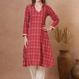Fashor Red Pure Cotton Regular Fit Printed Kurta-picture-25