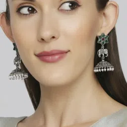 OOMPH Jewellery Oxidized Silver Green & Red Elephant Design Ethnic Jhumki image 2