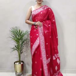 APNISHA Red & Silver Woven Saree With Unstitched Blouse-picture-16