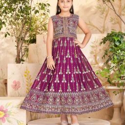 Aarika Girls Wine Embroidered Gown with Unstiched Sleeves-image-27