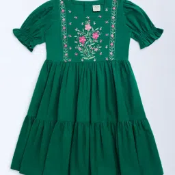 Utsa Kids by Westside Sea Green Floral Embroidered Cotton Tiered Dress-picture-4