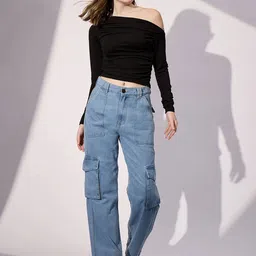 Istyle Can One Shoulder Ruched Crepe Fitted Crop Top-picture-4
