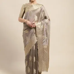 Blissta Grey Floral Print Kanjeevaram Saree With Unstitched Blouse-image-18