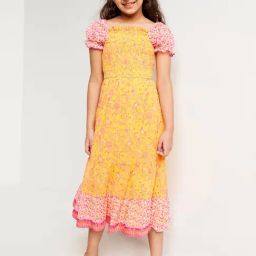 Global Desi Girl Kids Yellow & Pink Floral Print Dress-image-50