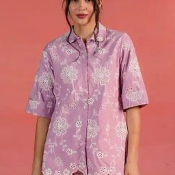 Kameez by Pooja Pink Floral Embroidered Poplin Shirt-image-67