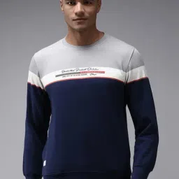 Showoff Navy Blue Cotton Regular Fit Colour Block Sweatshirt-7