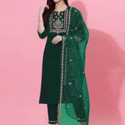 Skylee Green Embroidered Kurta Pant Set With Dupatta-image-3