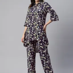 Cottinfab Navy Crepe Floral Print Crepe Tunic With Trousers-image-49