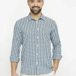 Basics Blue Cotton Slim Fit Checks Shirt-image-51