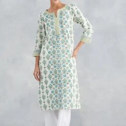 Fabindia Off White & Green Cotton Linen Regular Fit Floral Print Kurtas-image-47