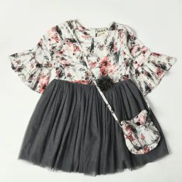 Bella Moda Kids White & Grey Printed Fit & Flare Dress with Bag-image-65