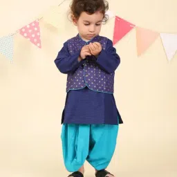 Fabindia Infant Boys Blue Printed Kurta Bottom & Jacket-image-53