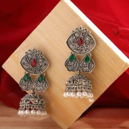 Aatmana Silver-Toned Ruby & Green Oxidised Classic Drop Jhumki Earrings for Women-1
