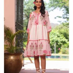 Scakhi Pink Striped-Floral Cotton Block Printed Midi Tiered Dress-picture-14