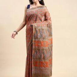 SHANVIKA Orange & Brown Pure Cotton Geometric Saree-image-63